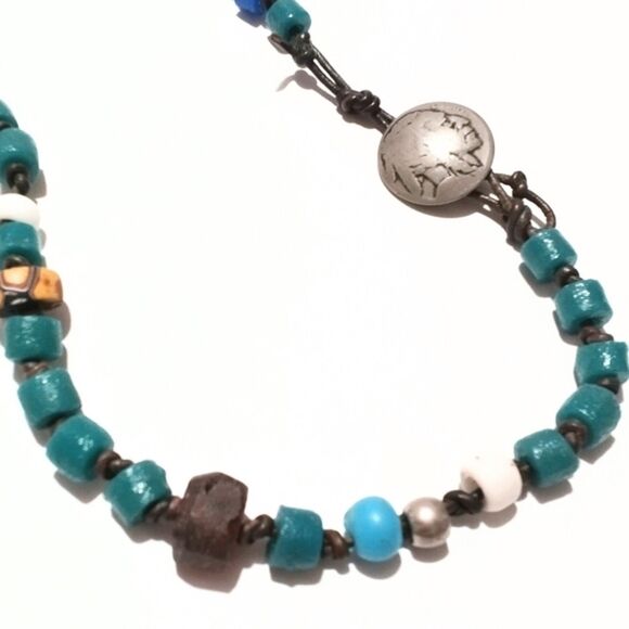 Vintage Boho Glass & Polymer Clay Beaded Necklace Leather Cord 21" - Picture 4 of 6